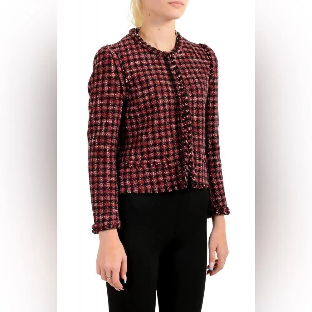 Hugo Boss Johella Modern Tweed Cotton Blend Jacket Burgundy & Black crop blazer - Picture 8 of 8